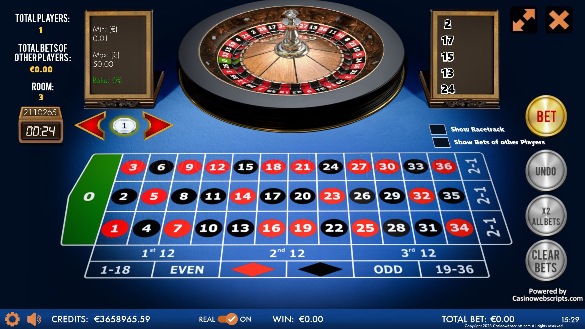 Multiplayer European Roulette 3D Advanced table and wheel
