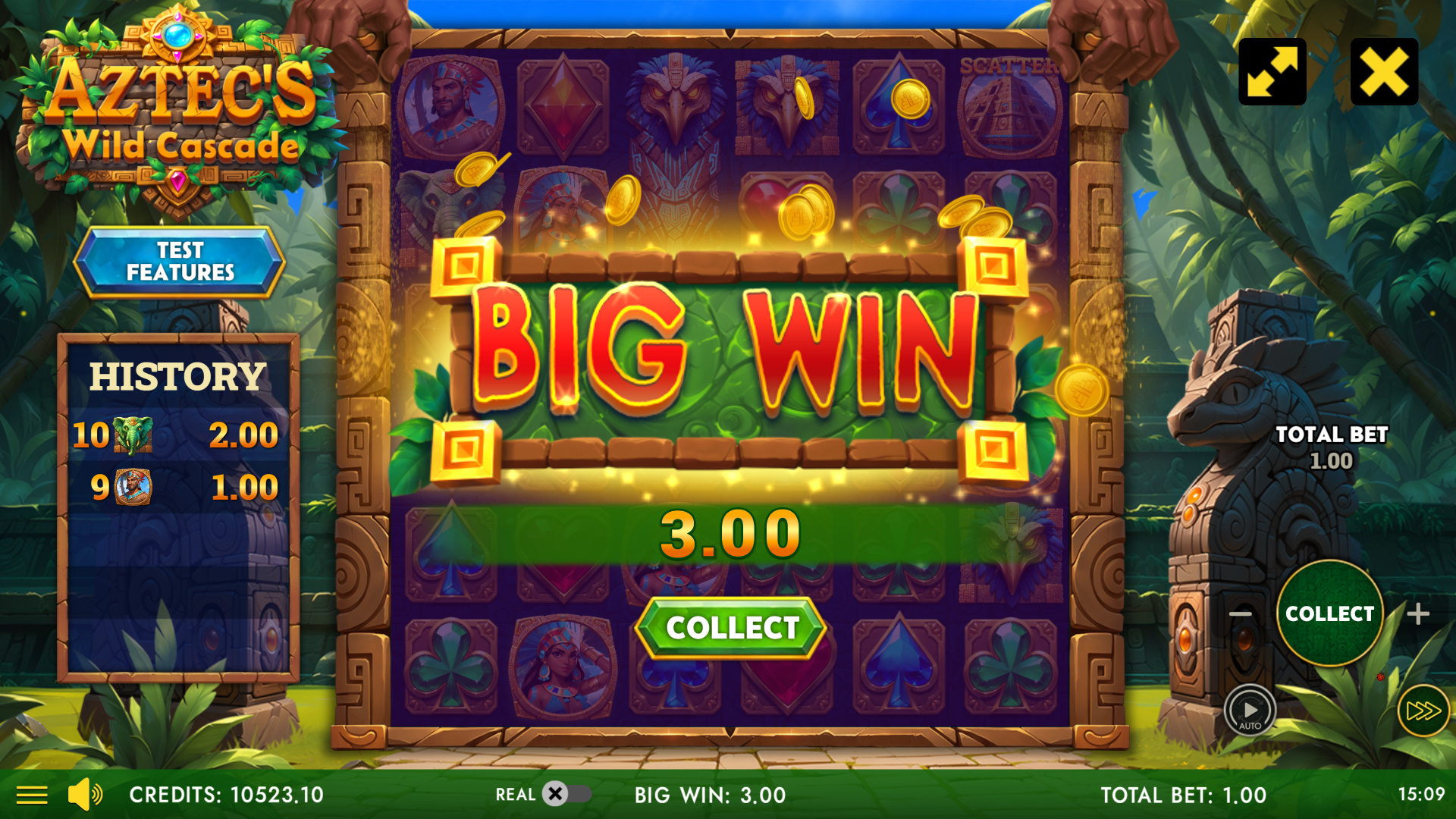 Aztec Wild Cascade big win animation with cascading symbols