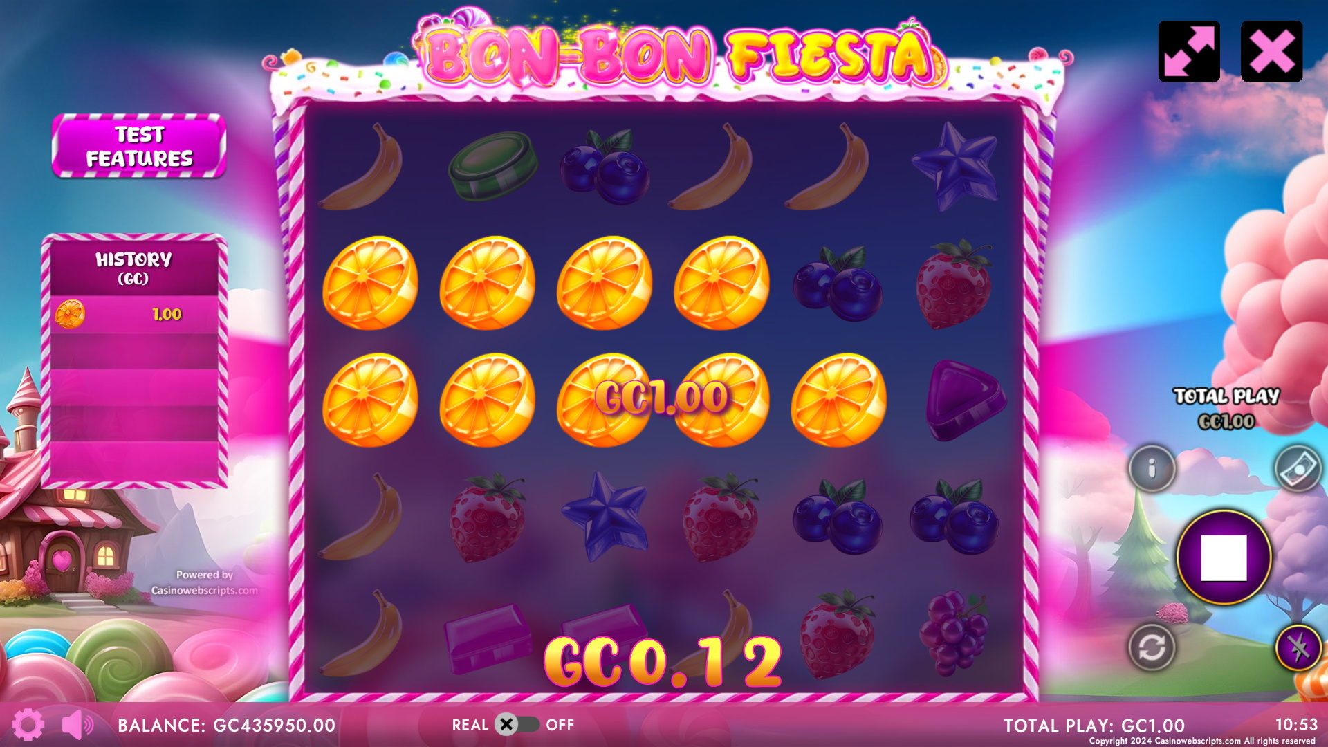 Bon-Bon Fiesta main game screen showing the colorful candy cluster grid