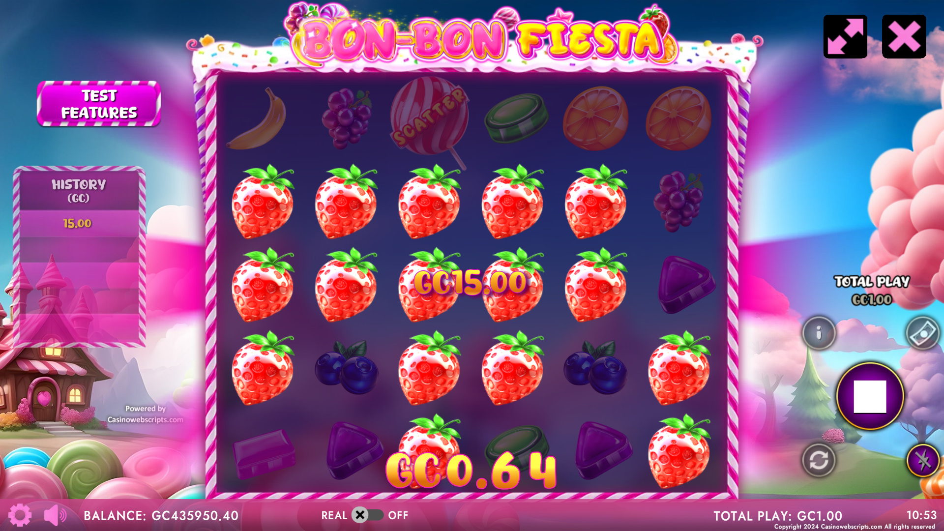 Bon-Bon Fiesta win sequence with cascading candy symbols
