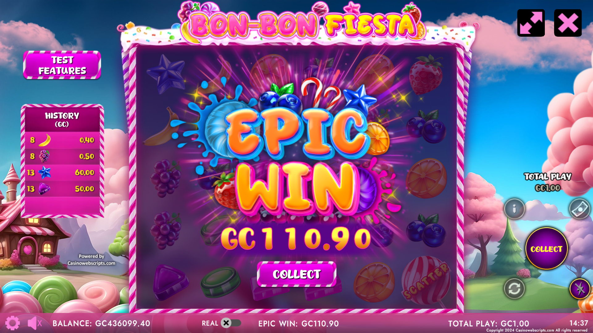 Bon-Bon Fiesta epic win screen with large multiplier payout