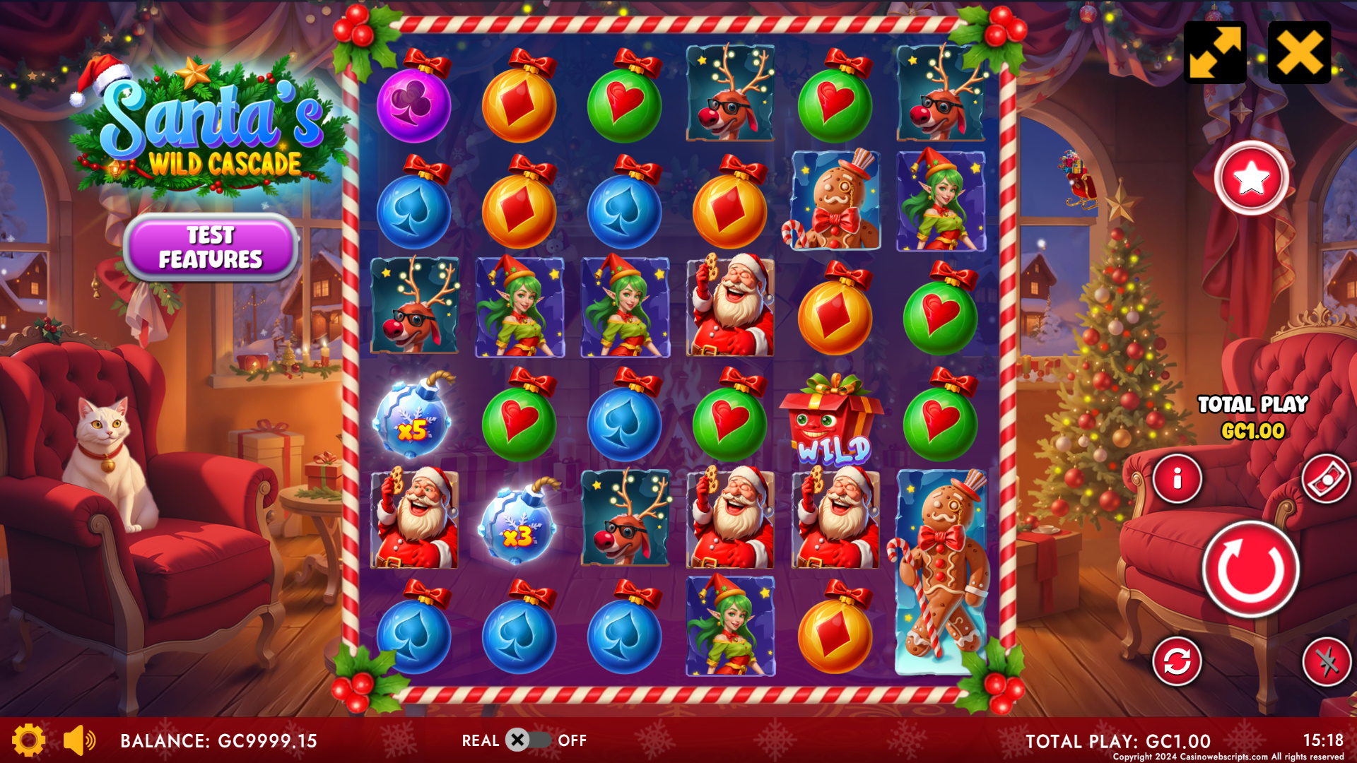 Santa Wild Cascade main game screen showing the 6x6 tumble grid with festive symbols