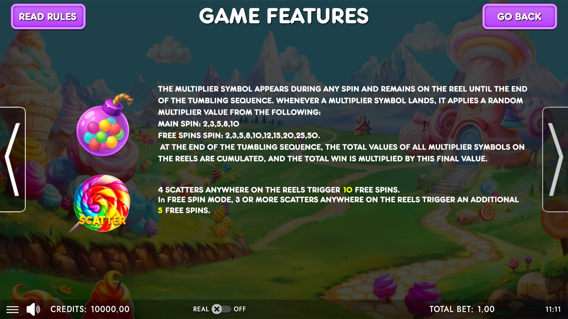 Sugar Candyland Powerup Cascade game features
