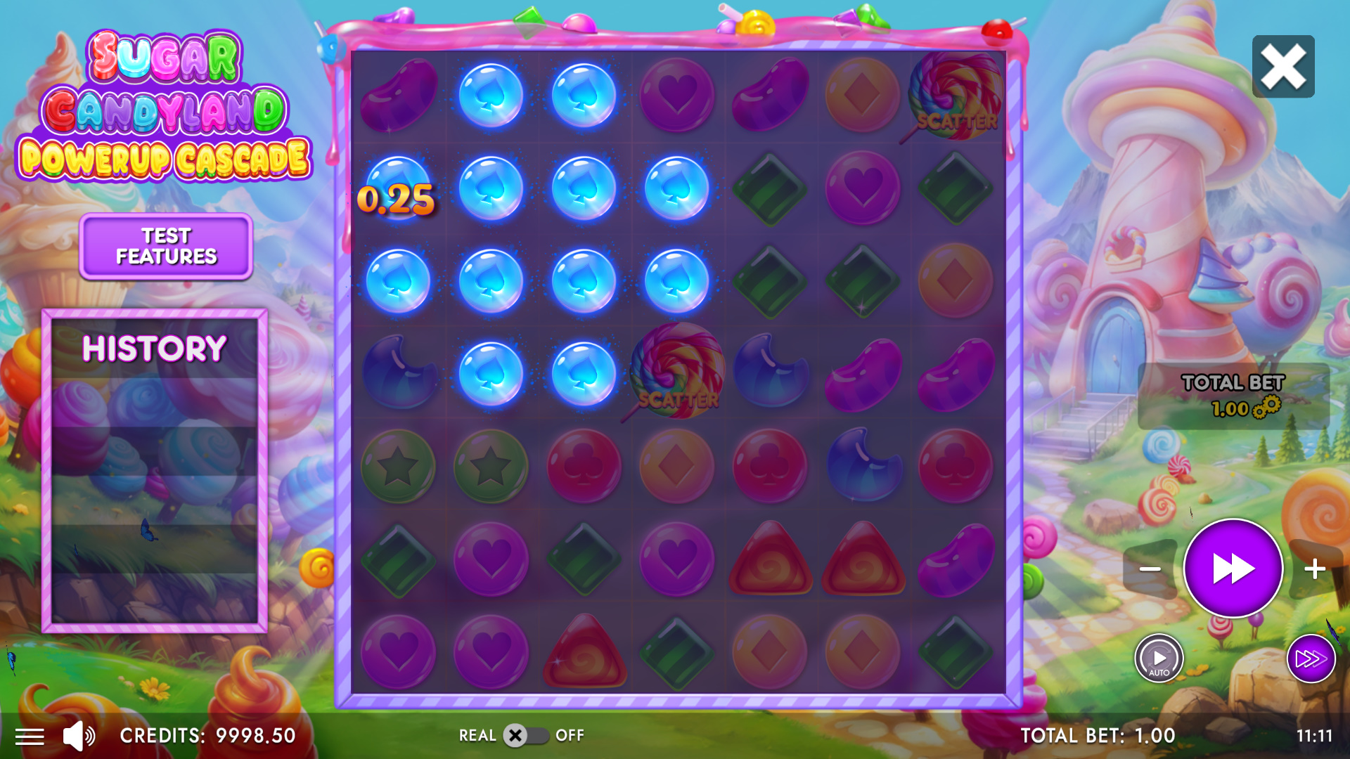 Sugar Candyland Powerup Cascade main game screen with candy cluster grid