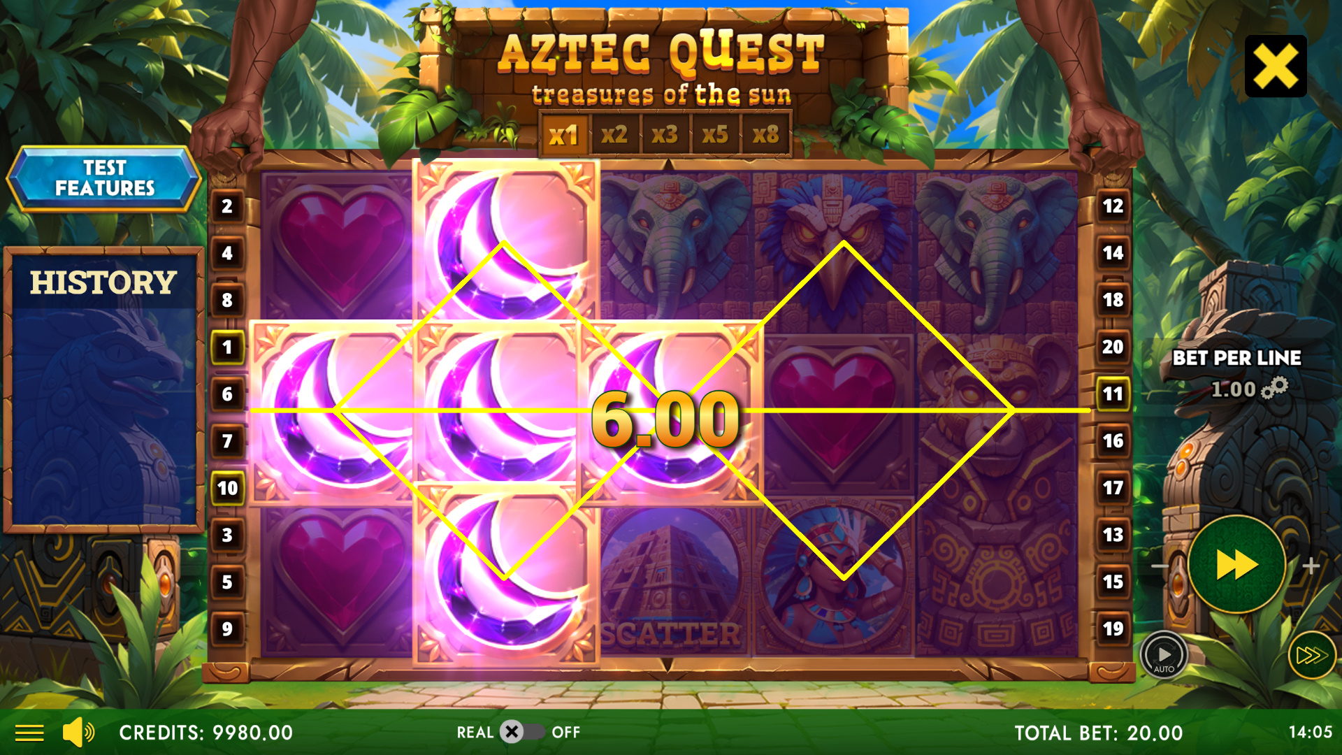 Aztec Quest main game screen with temple backdrop