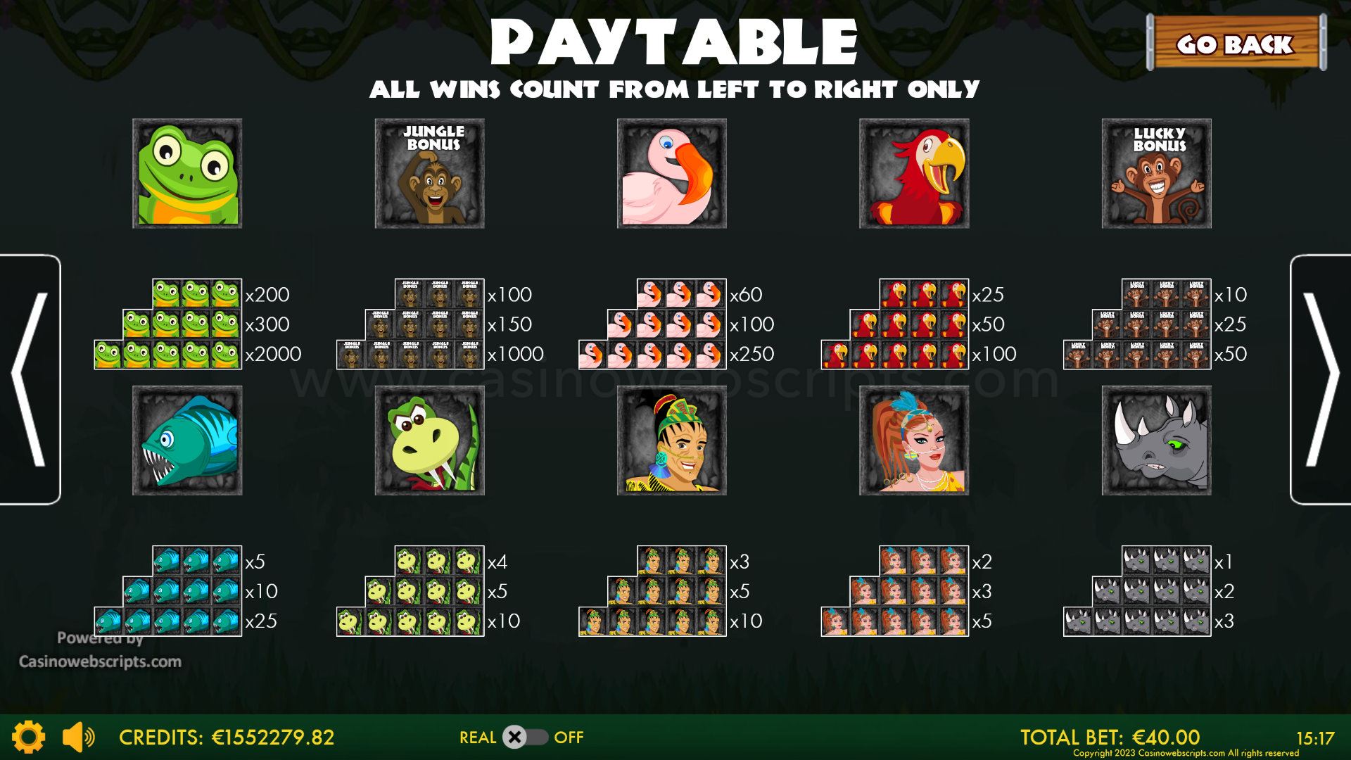 Ju Jungle Treasures Mobile and PC - Paytable
