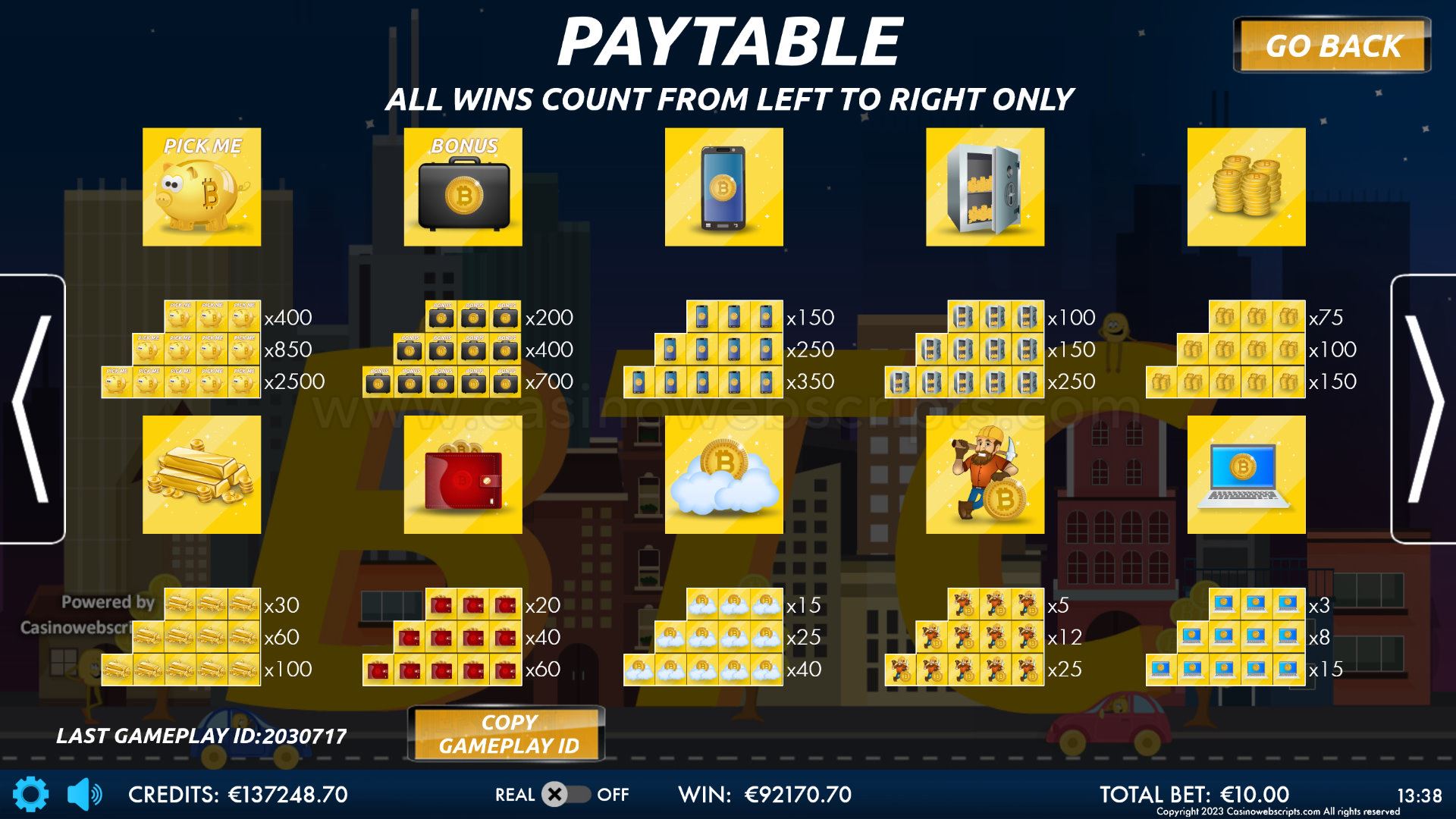 Bitcoin Billion HTML5 Mobile and PC - Paytable