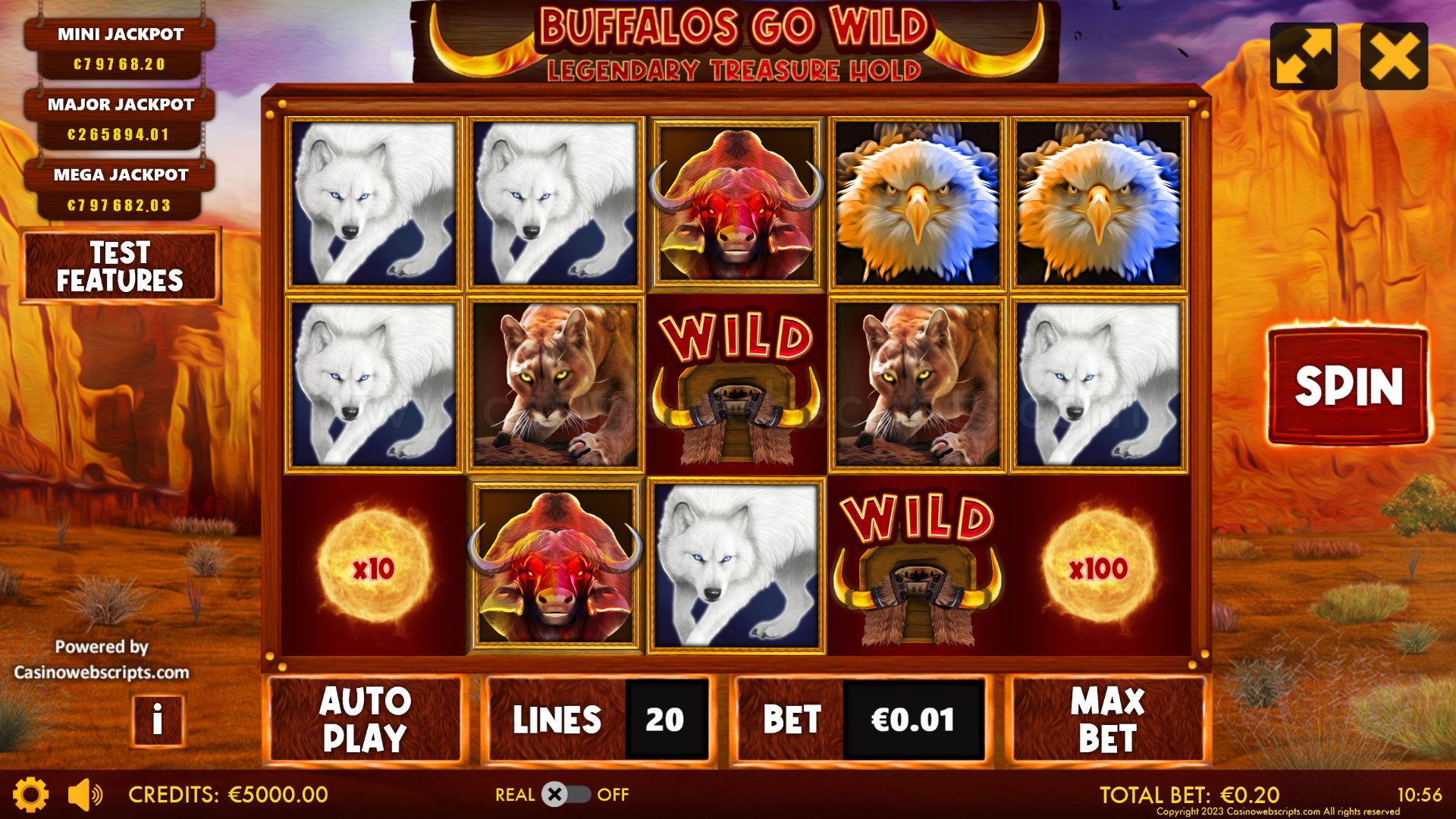 Buffalos Go Wild main game screen showing the prairie-themed 5x3 reel layout with buffalo symbols