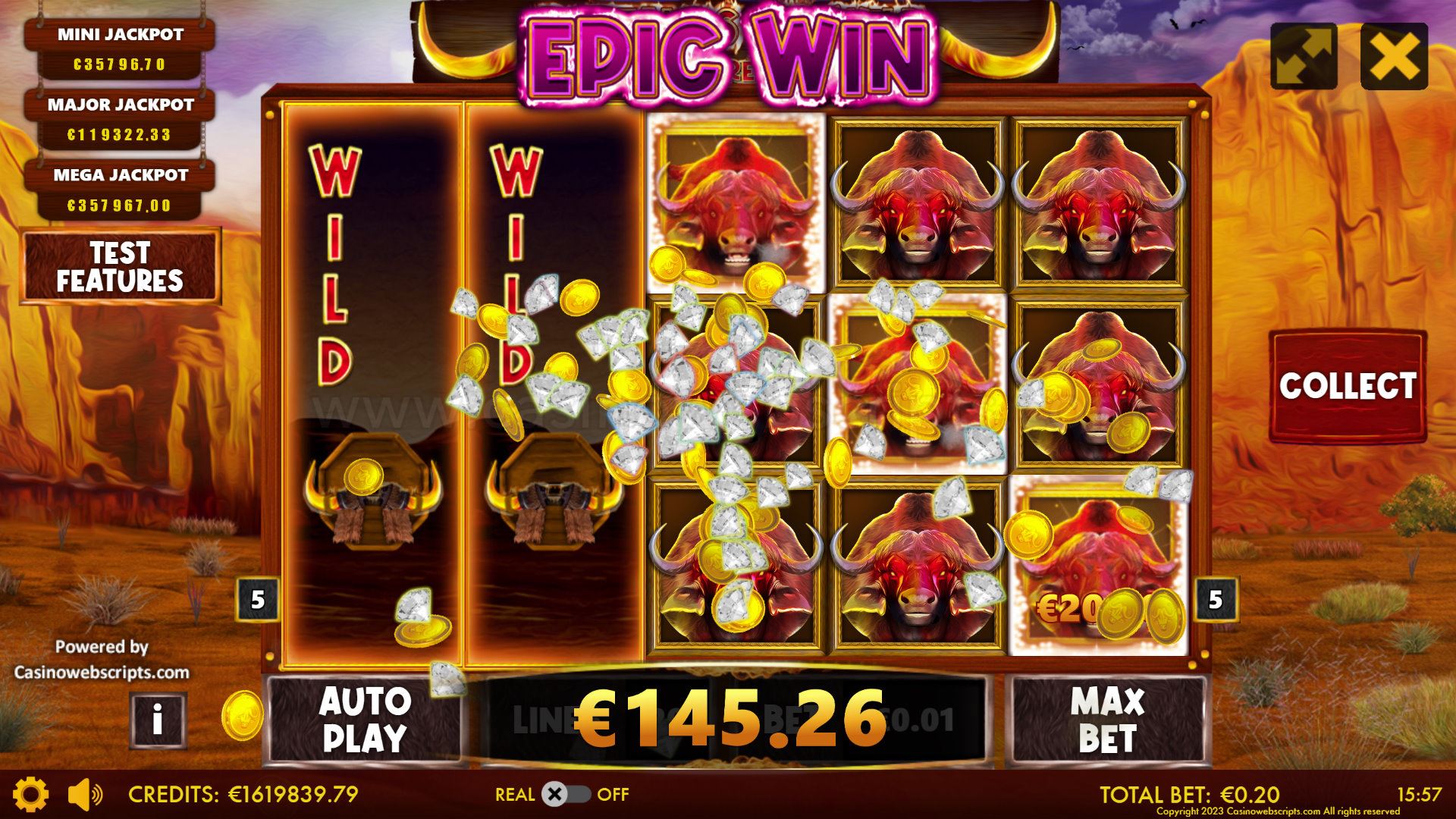 Buffalos Go Wild epic win screen with buffalo stampede animation and large payout display