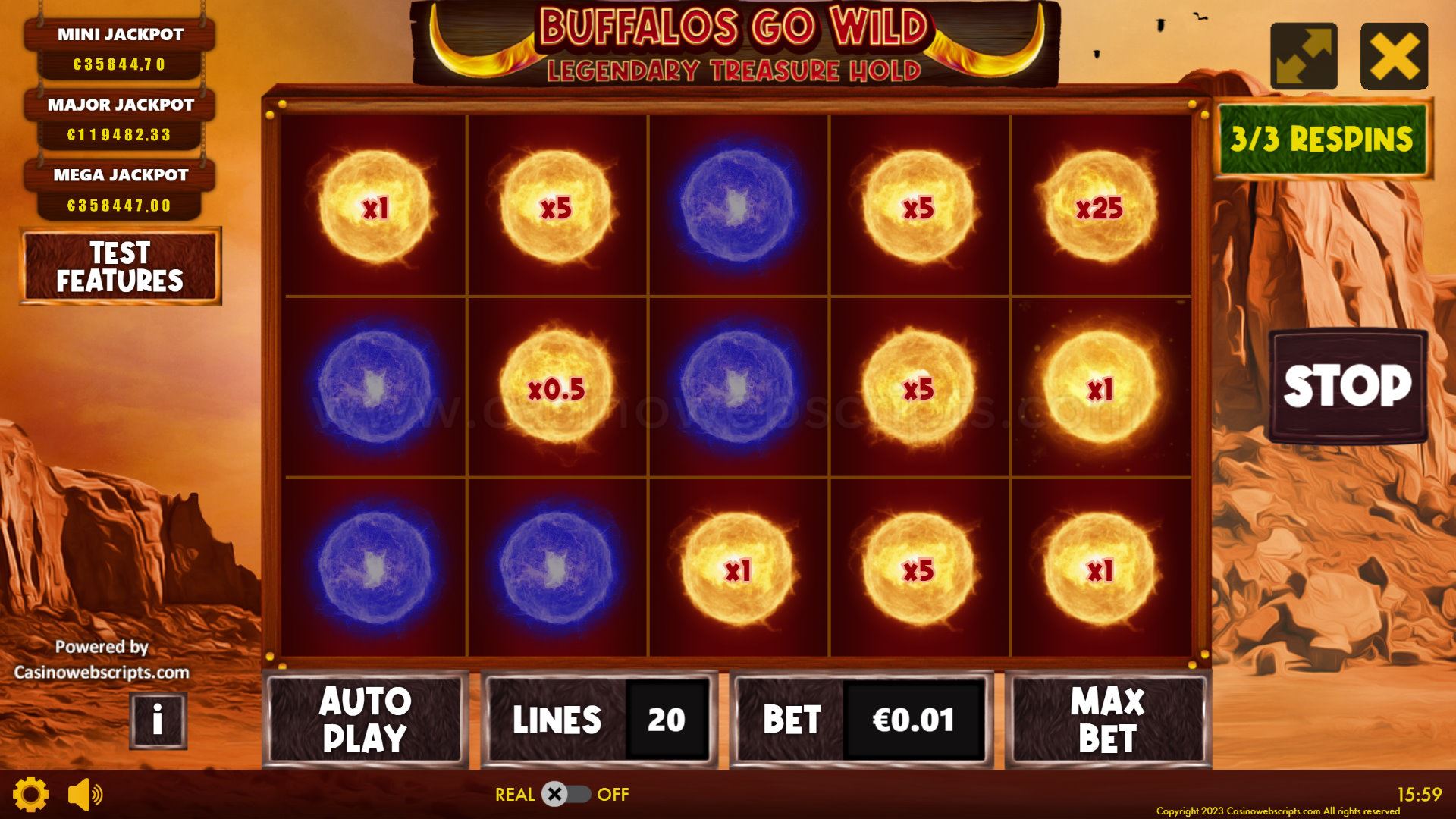 Buffalos Go Wild Hold and Win bonus round with locked coin symbols across the reels