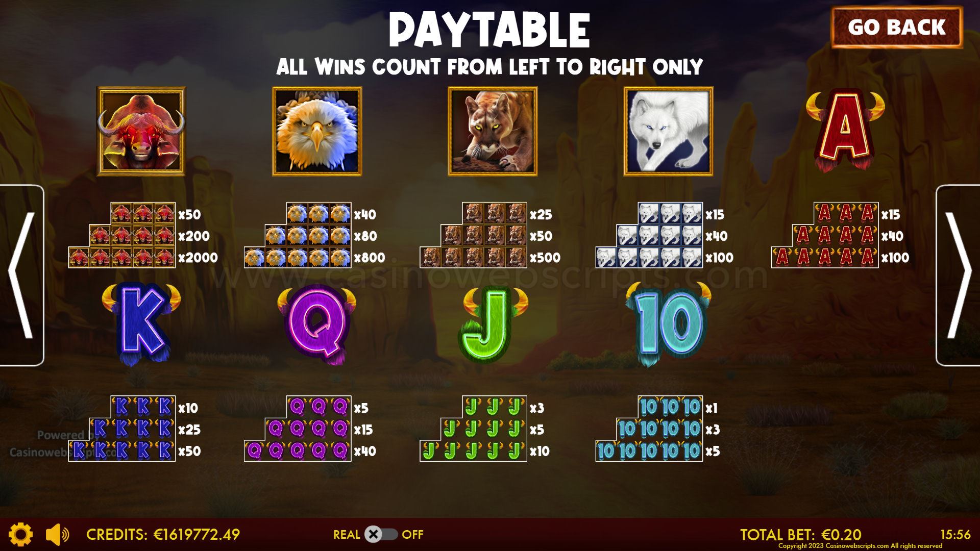Buffalos Go Wild - Legendary Treasure Hold - Paytable