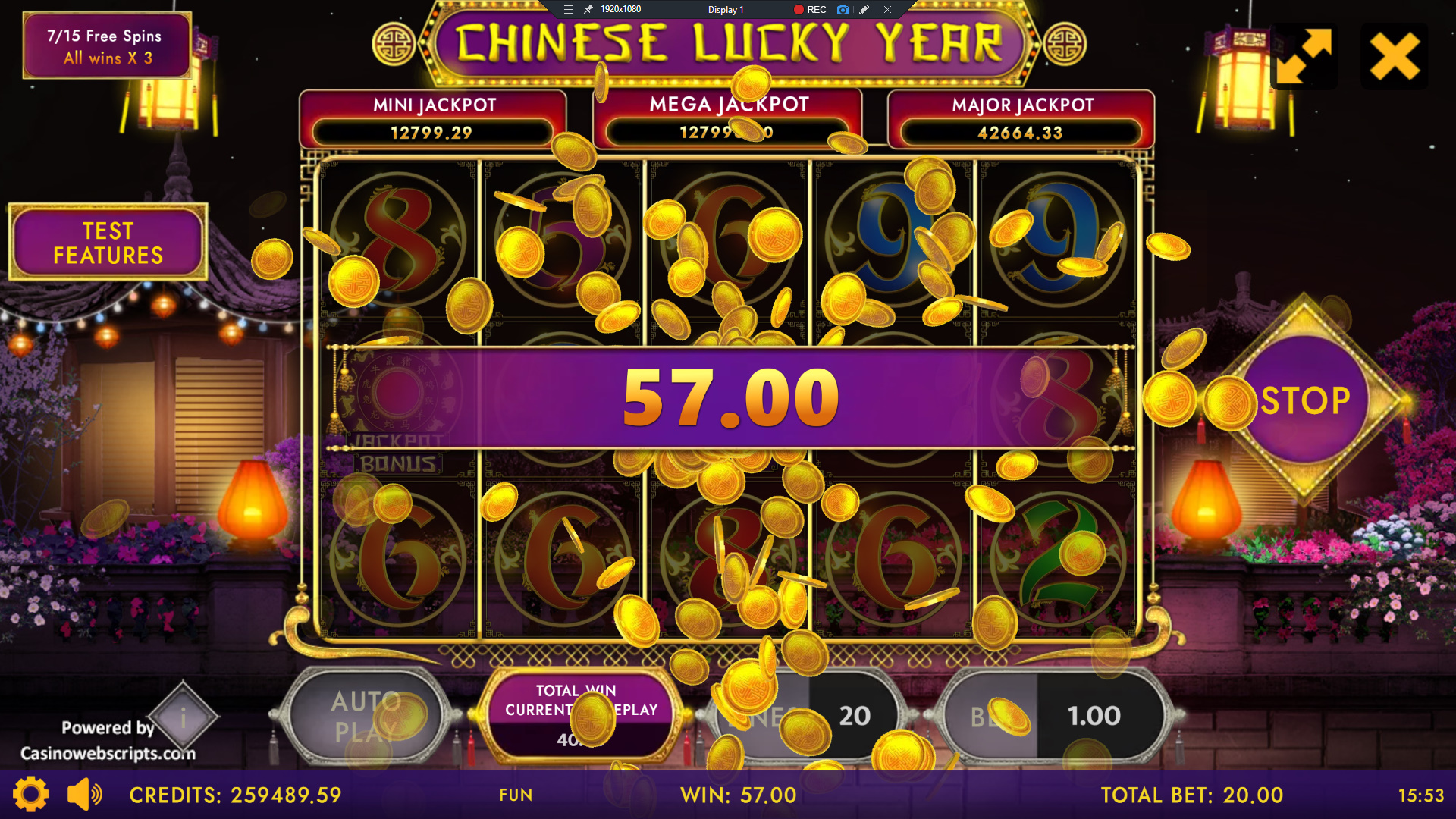 Chinese Lucky Year free spins round showing an expanding wild win combination