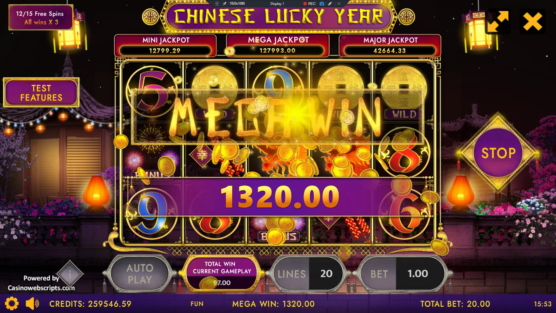 Chinese Lucky Year mega win celebration screen with gold particle effects