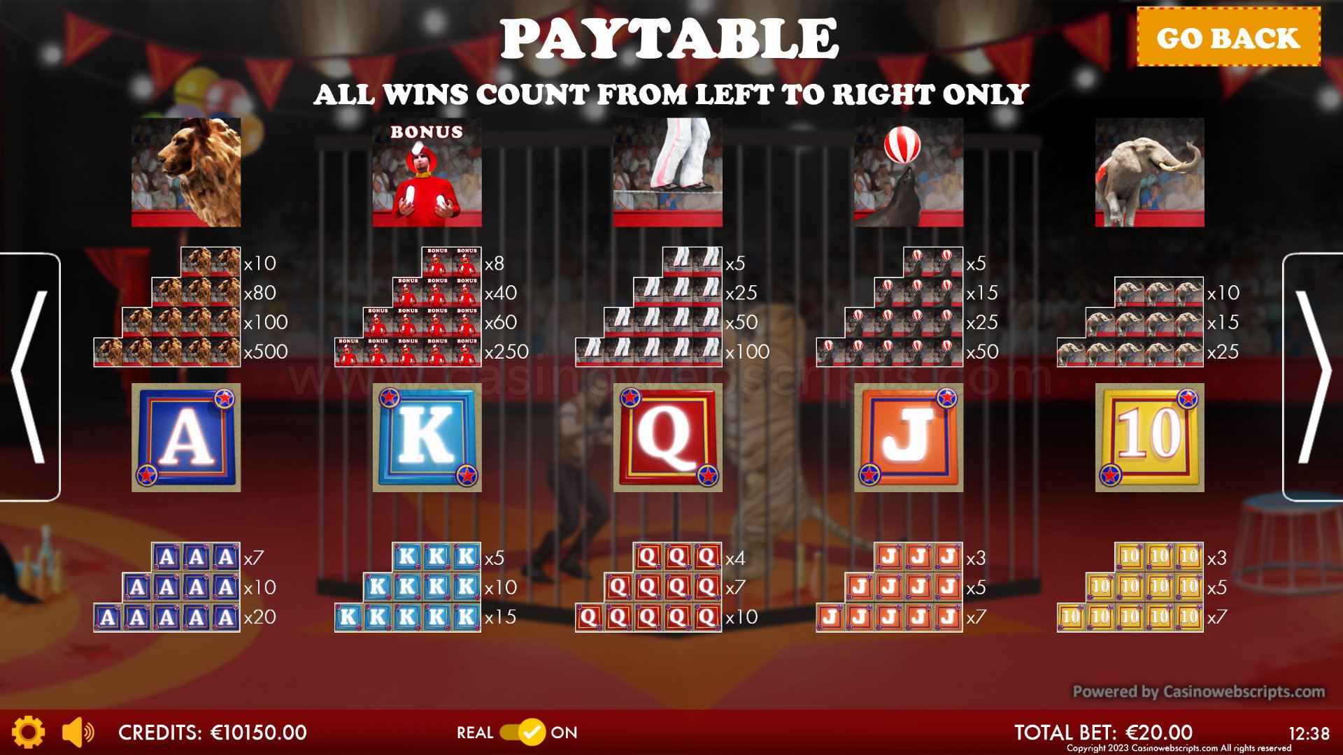 Circus of Fortune HTML5 Mobile and PC - Paytable
