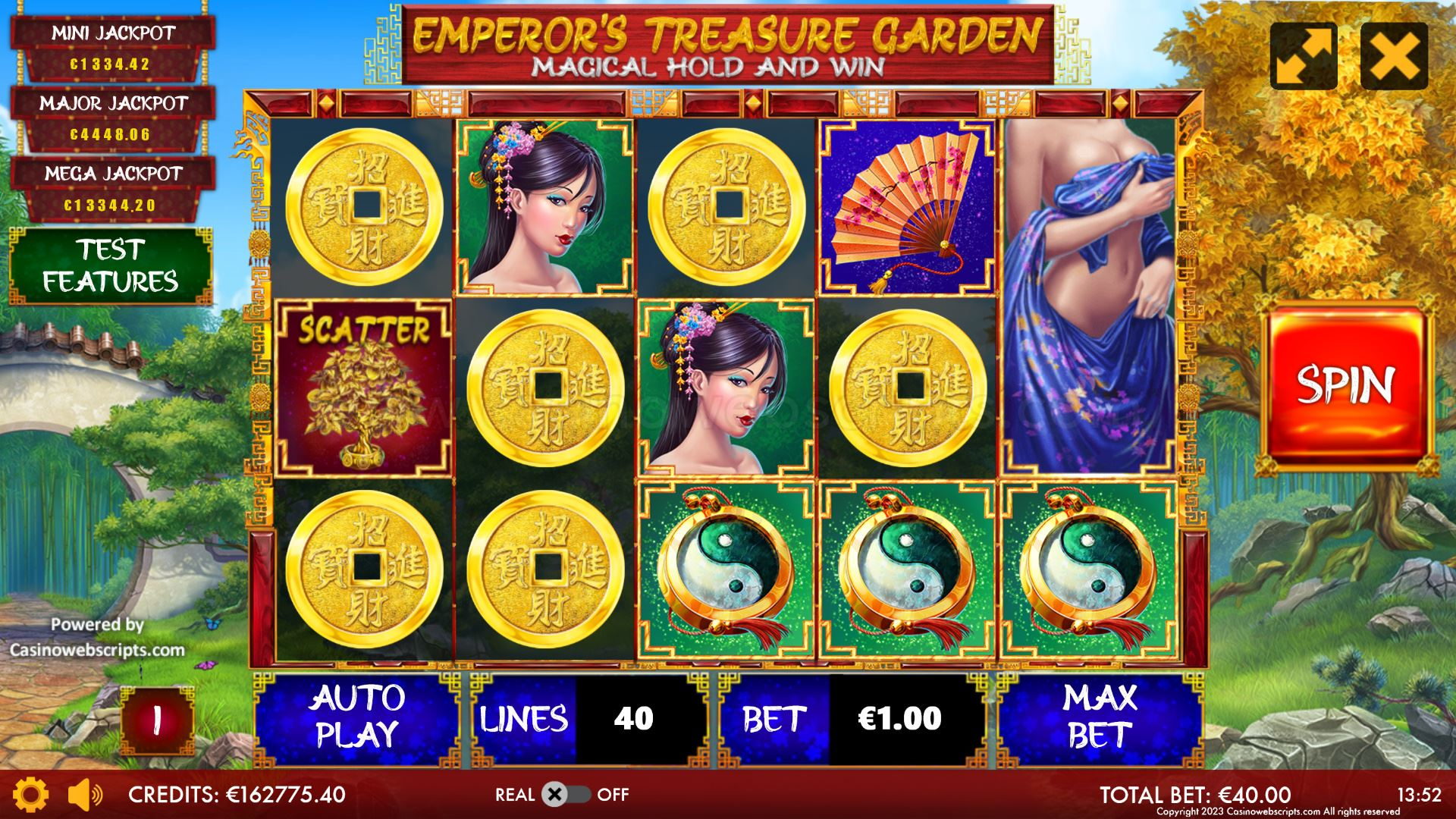 Emperor Treasure Garden main game screen showing the 5x4 reel grid with imperial Chinese garden theme