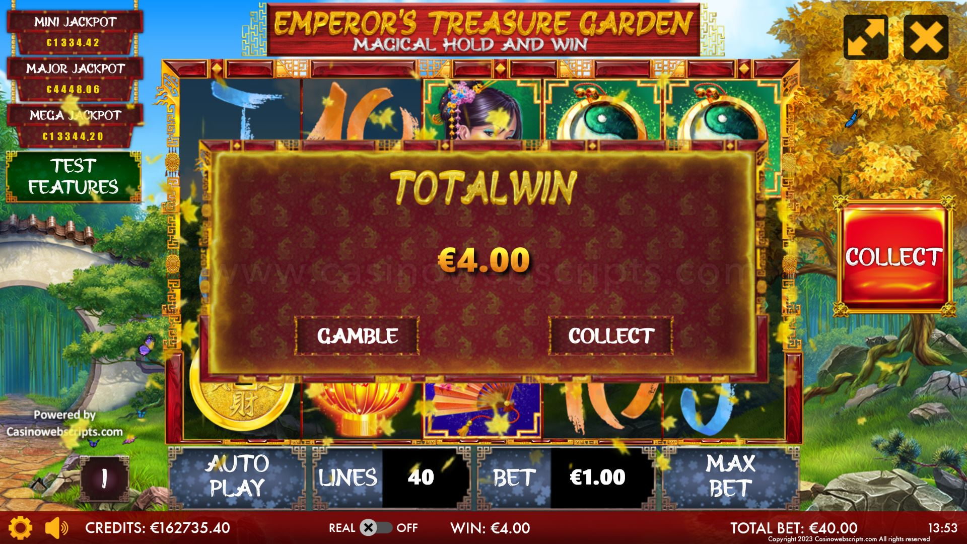 Emperor Treasure Garden big win animation with expanding wilds across the reels