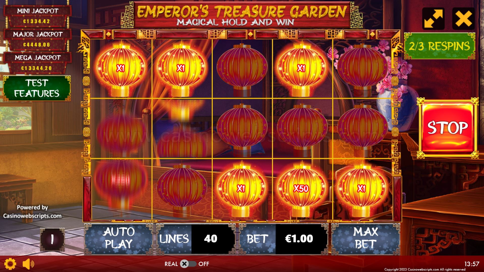 Emperor Treasure Garden Hold and Win bonus round with locked coin symbols and respins counter