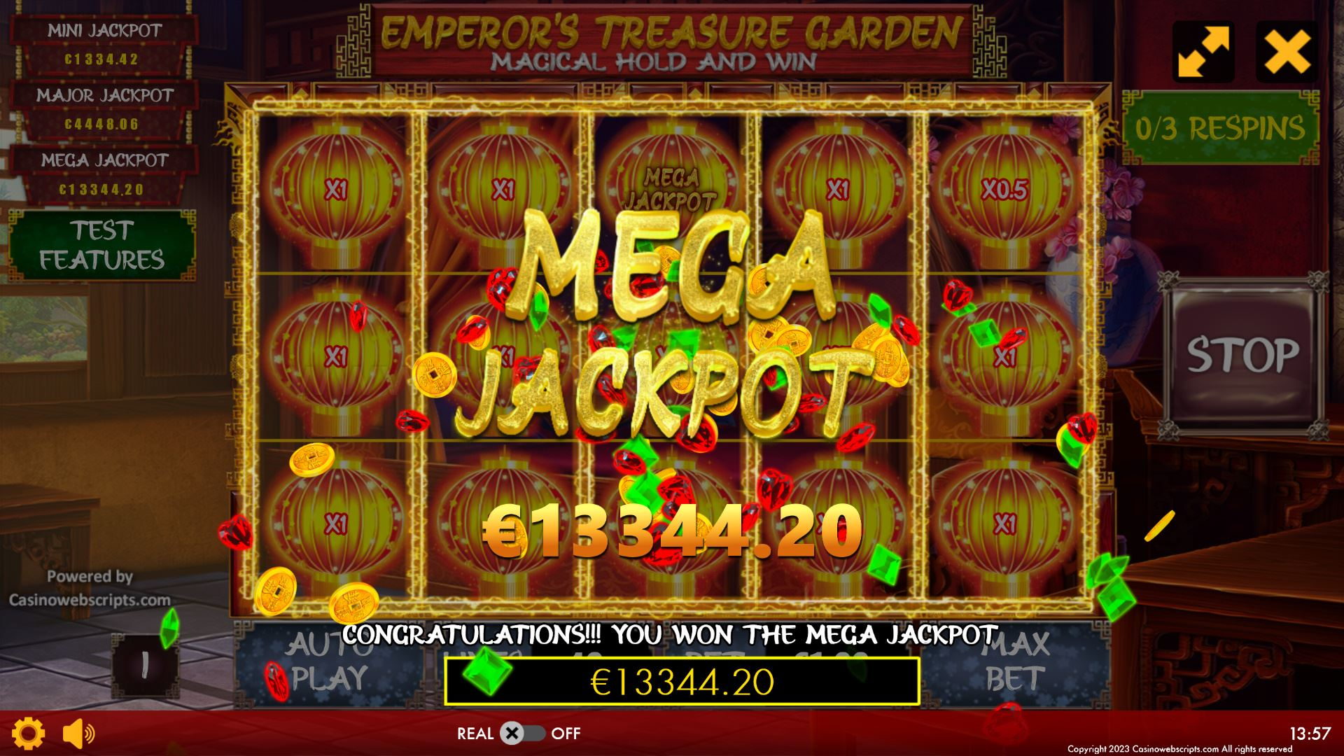 Emperor Treasure Garden jackpot win screen showing the Grand Jackpot prize