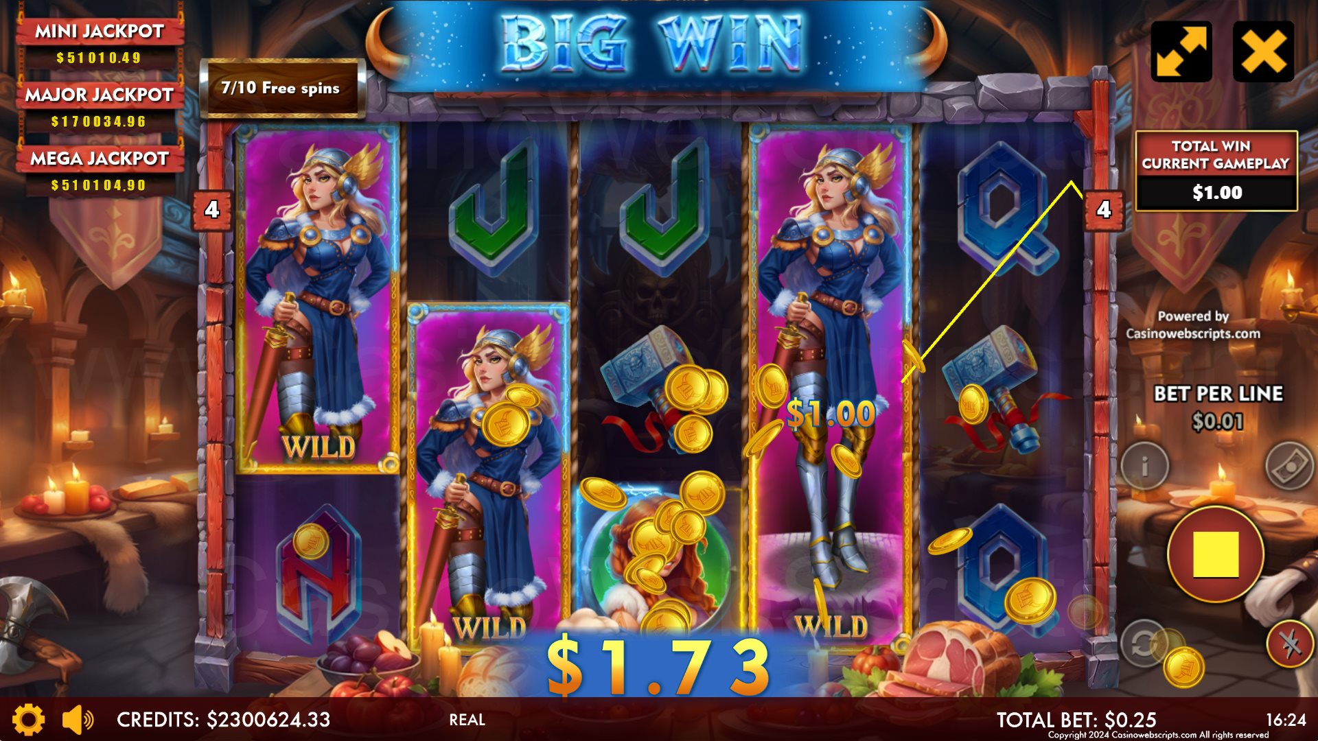 Free spins round with multiple sticky wilds locked on the grid