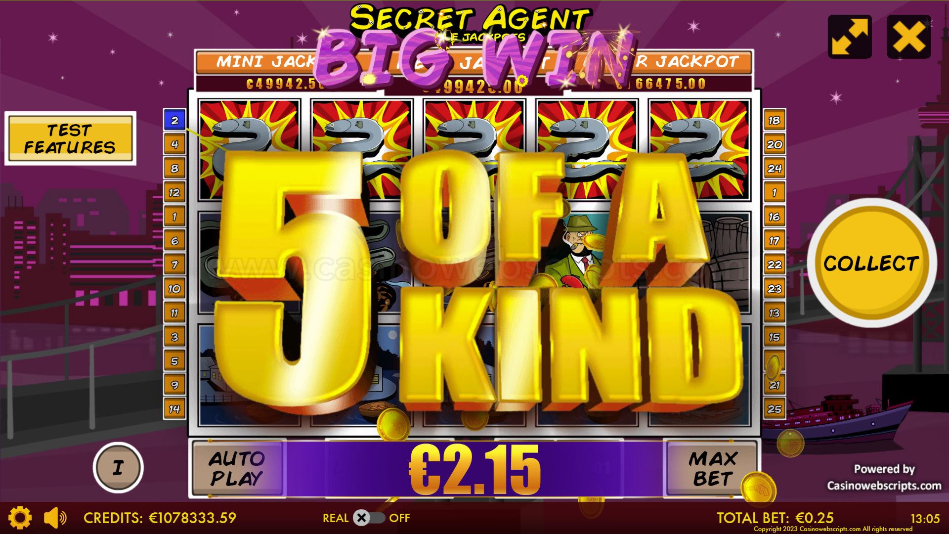 Secret Agent Triple Jackpot HTML5 Mobile and PC - 5 of a Kind