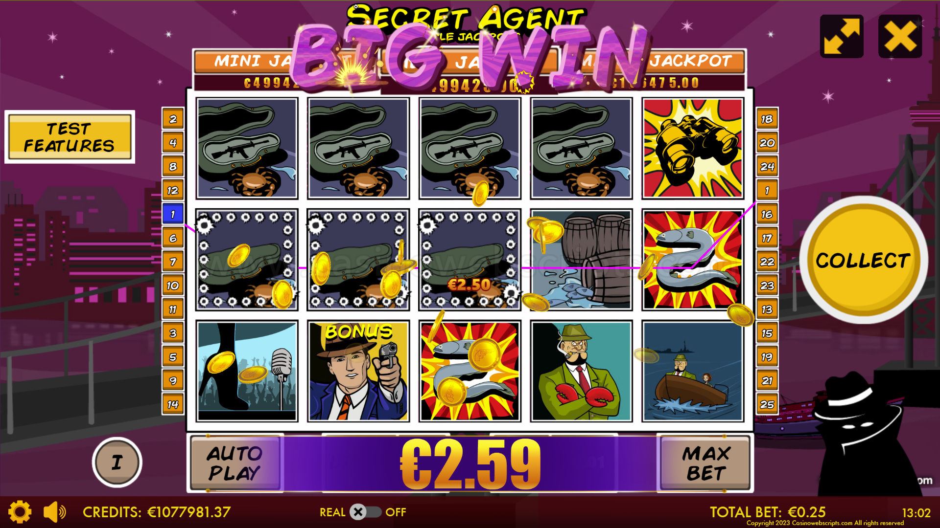 Secret Agent Triple Jackpot HTML5 Mobile and PC - Big Win