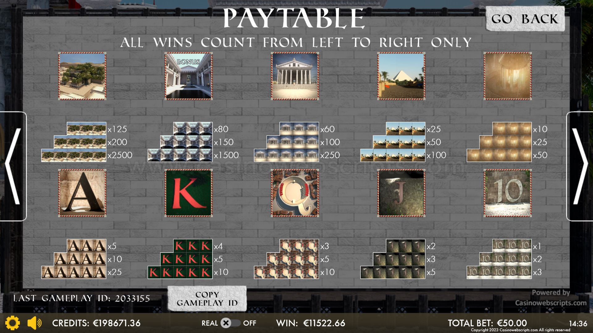 Ancient Wonders Slot 3D Mobile and PC - Paytable