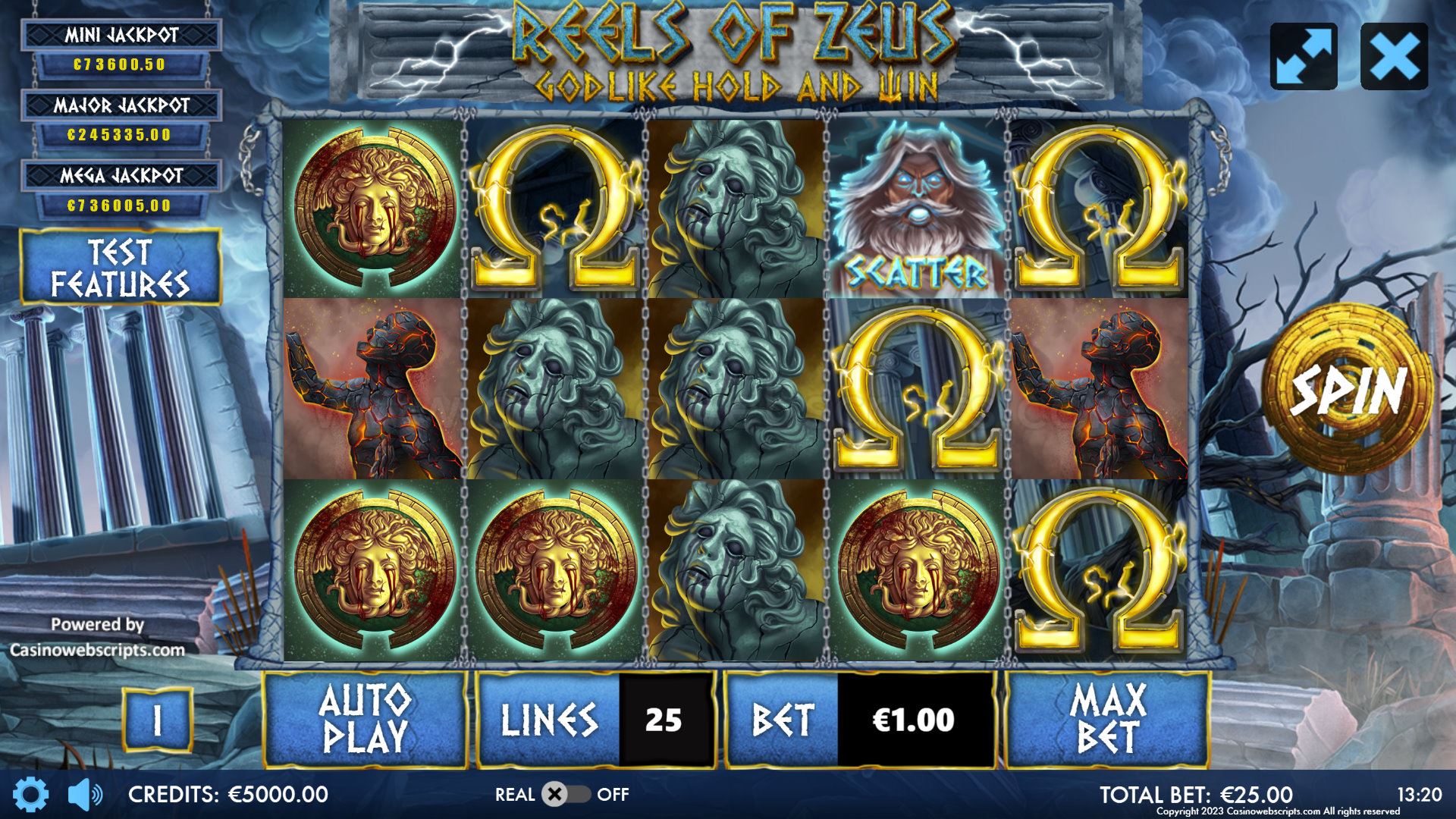 Reels of Zeus main game screen showing the 5x3 grid with Greek mythology symbols and stormy Olympus background