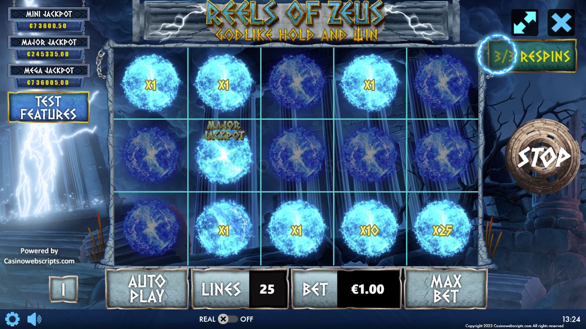 Reels of Zeus Hold and Win bonus round with locked bonus symbols across the grid