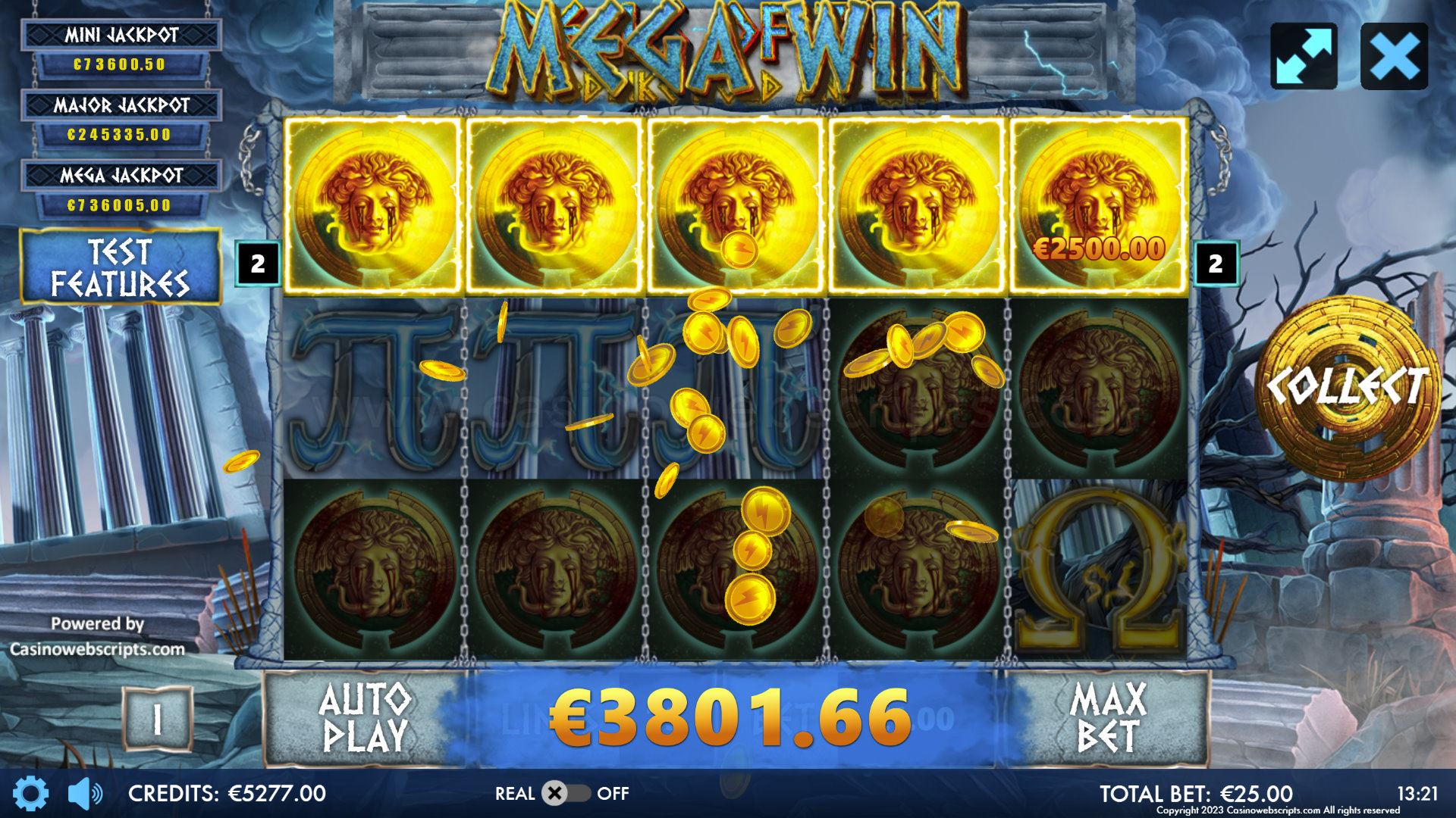Reels of Zeus mega win celebration with golden lightning effects across the screen