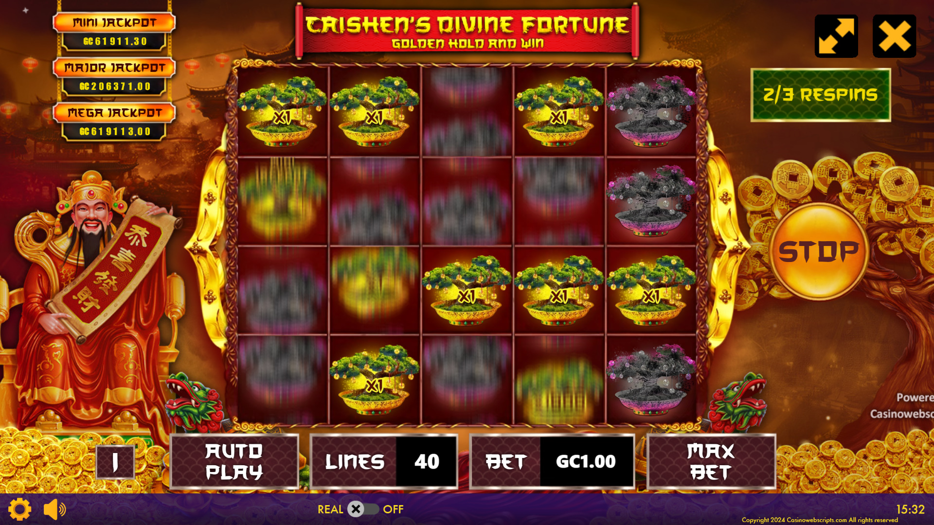 Caishen Divine Fortune Hold and Win bonus round with locked gold coin symbols