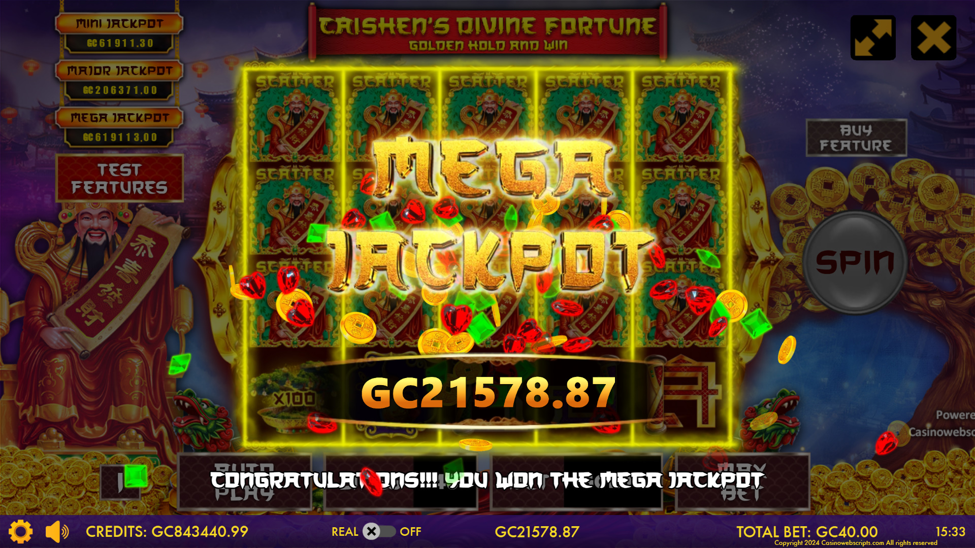 Caishen Divine Fortune jackpot win celebration screen