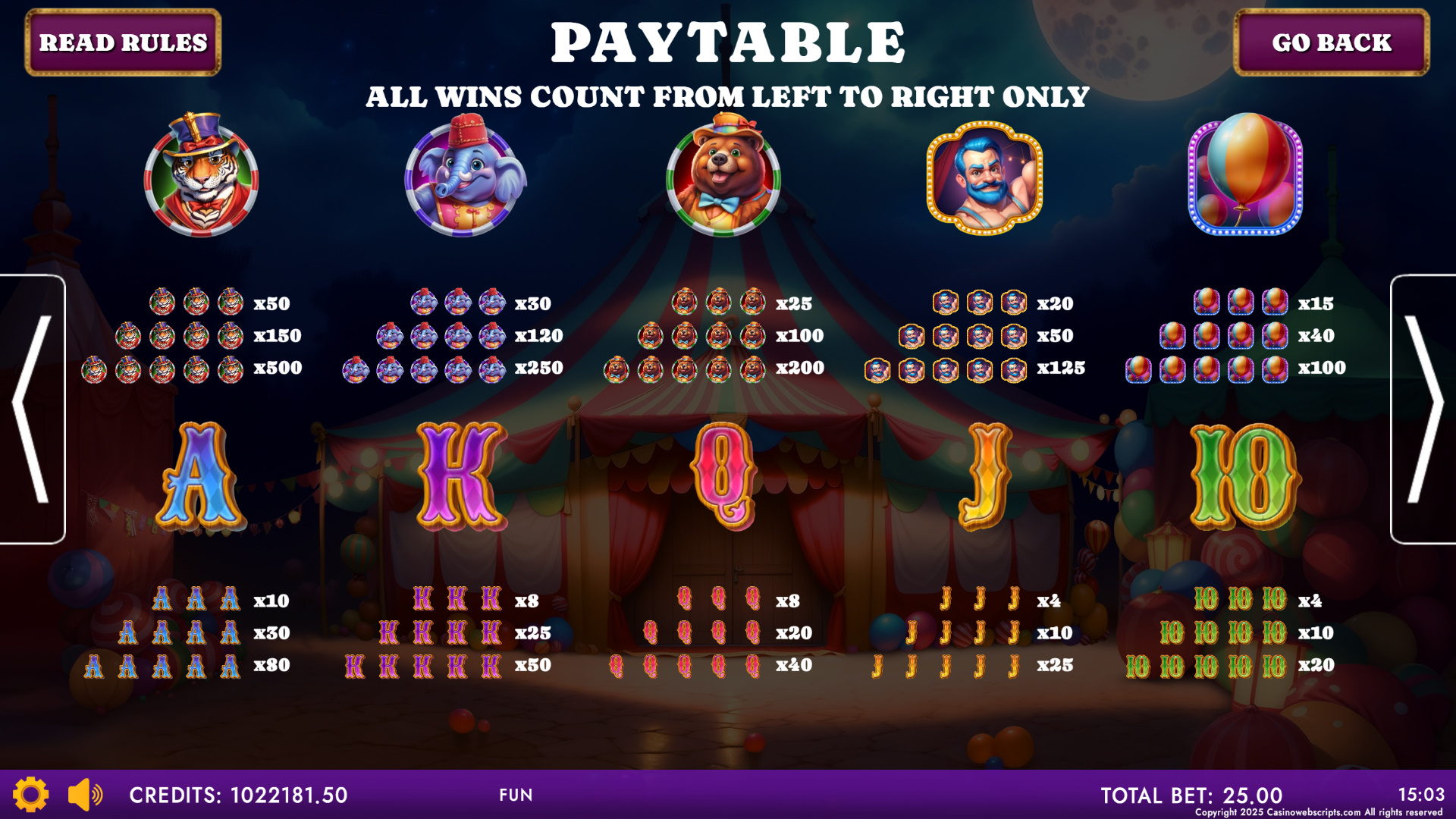 Circus - Wild Gala - Paytable