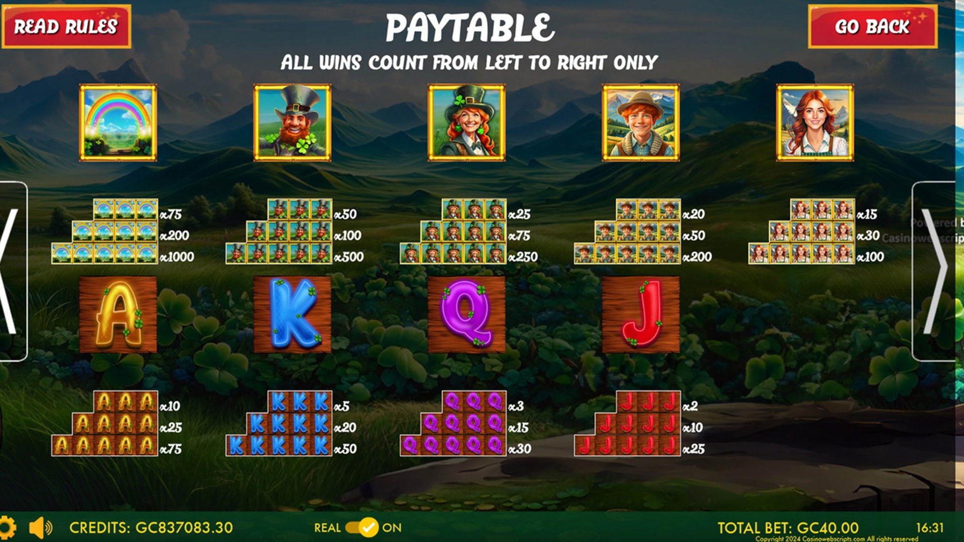 Lucky Shamrock - Enchanted Hold and Win - Paytable