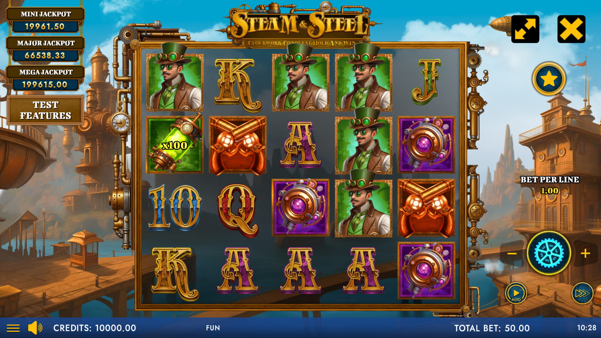 Steam And Steel main game screen with steampunk gears and 5x4 grid