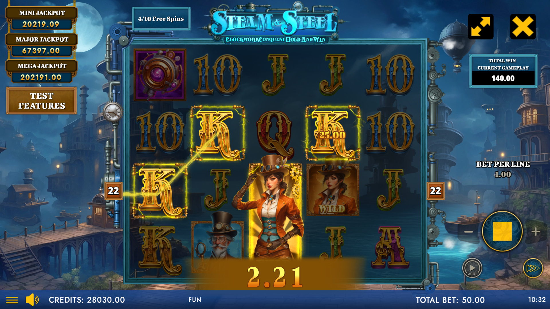 Free spins round with multiple moving wilds on the grid