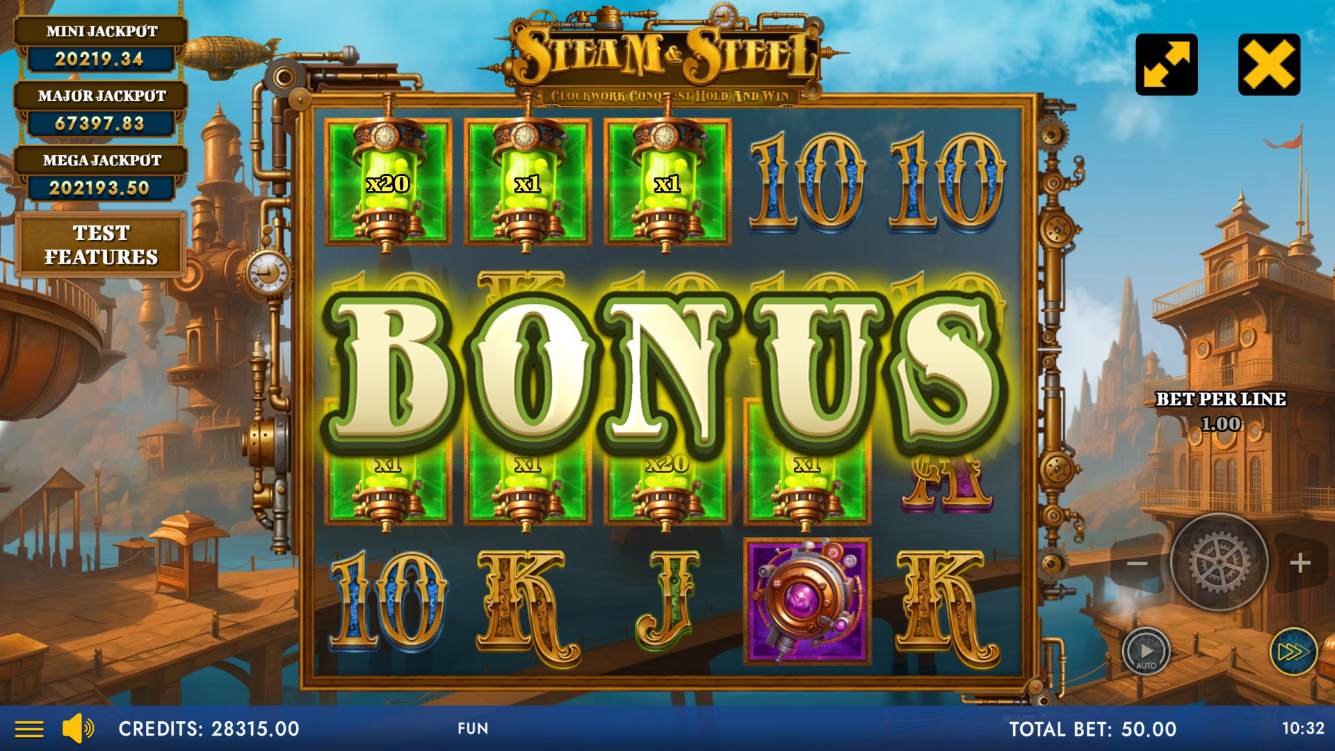 Hold And Win bonus round with locked special symbols