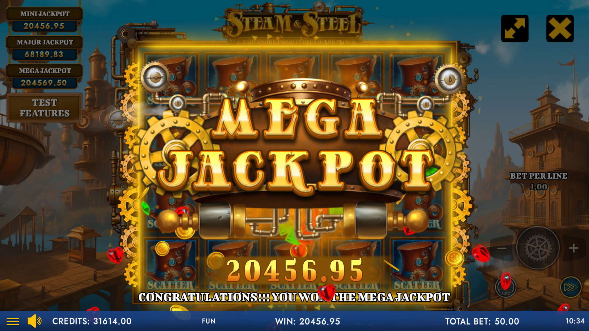 Jackpot win celebration with mechanical effects