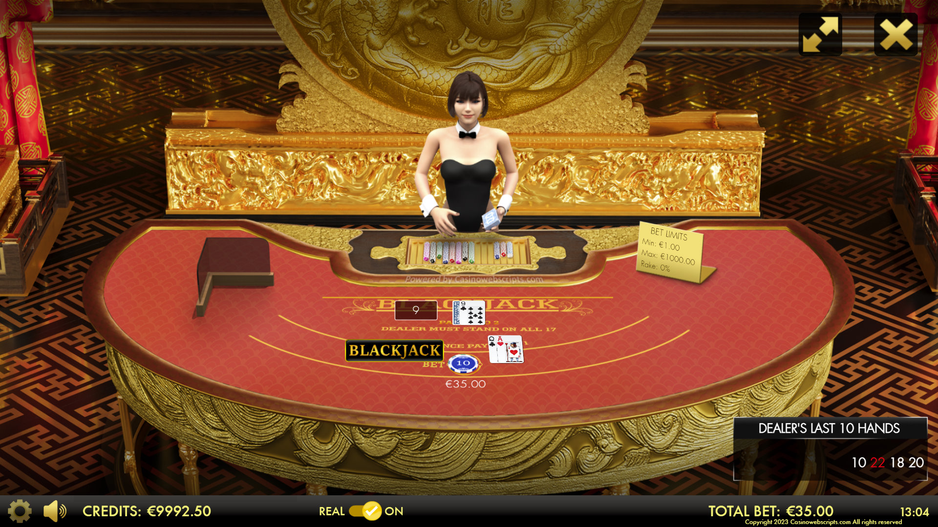 BlackJack-21 3D Dragon Edition gameplay with dealt hand