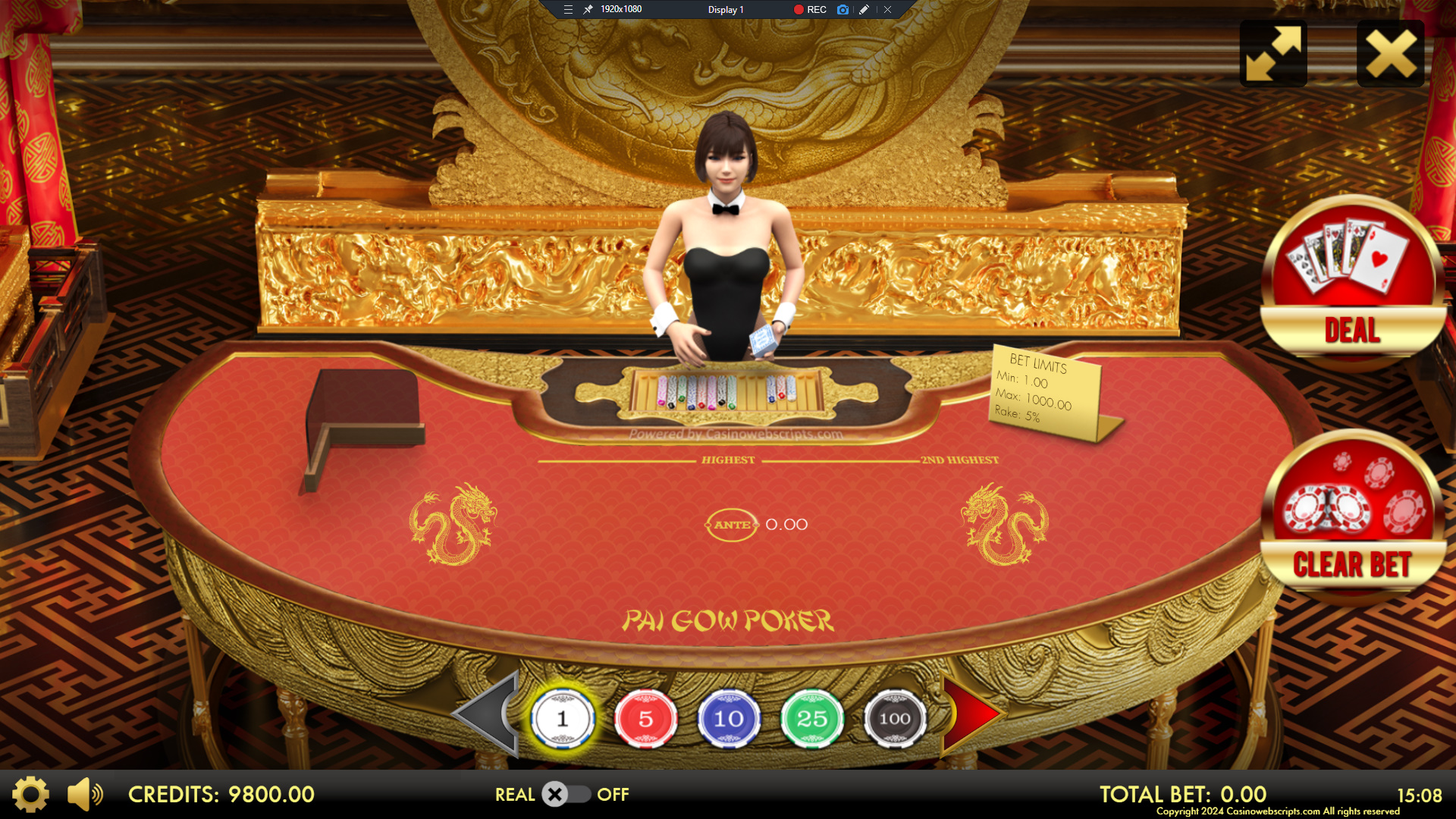 Pai Gow Poker Heads-Up 3D Dragon Edition table view