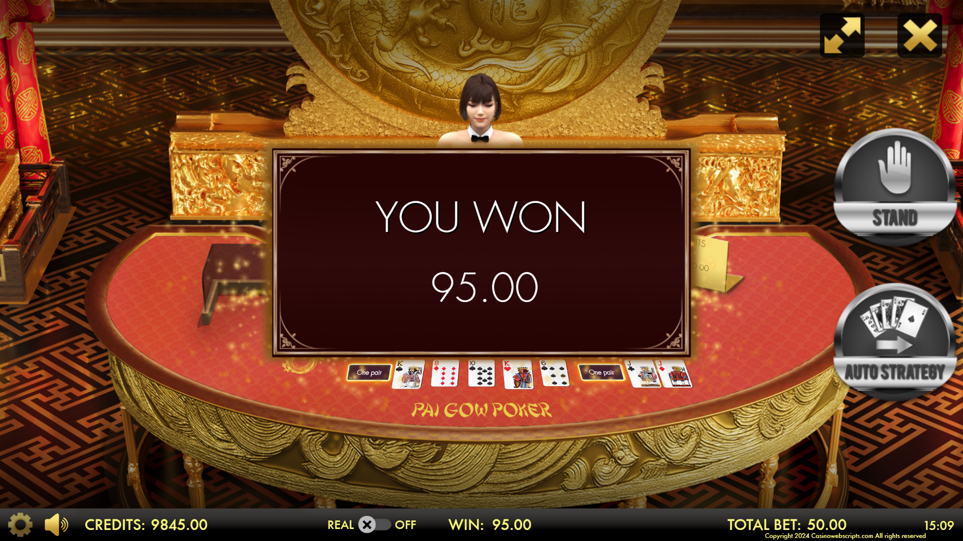 Pai Gow Poker Heads-Up 3D Dragon Edition result screen