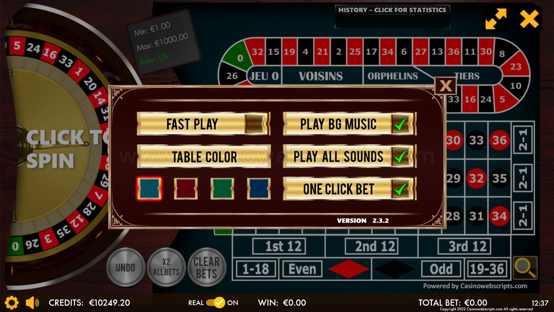 European Roulette 2D Advanced - HTML5 Mobile and PC - Preview