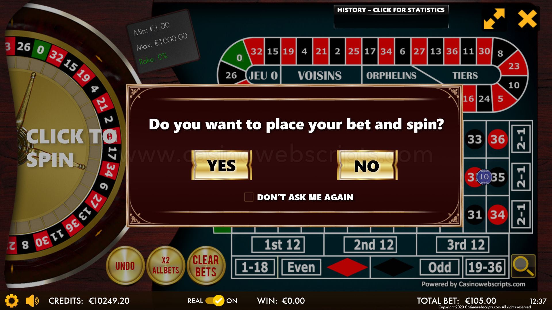 European Roulette 2D Advanced - HTML5 Mobile and PC - Preview