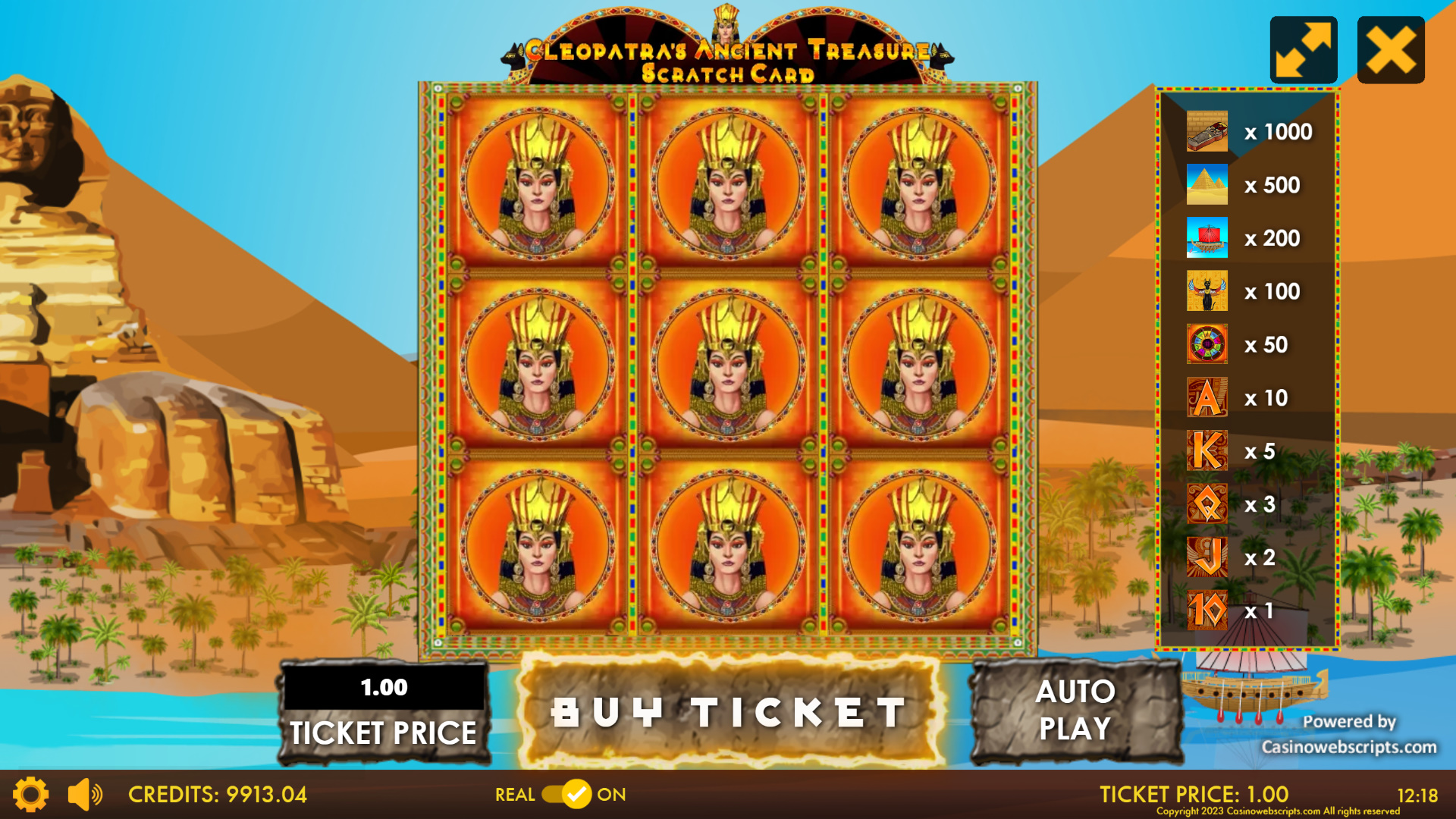 Cleopatra Ancient Treasures Scratch Card - Preview
