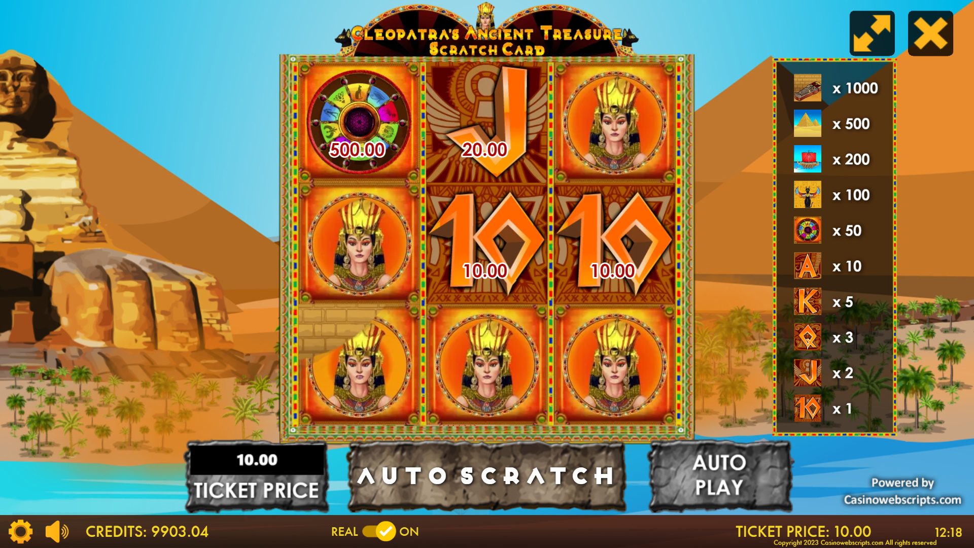 Cleopatra Ancient Treasures Scratch Card - Preview