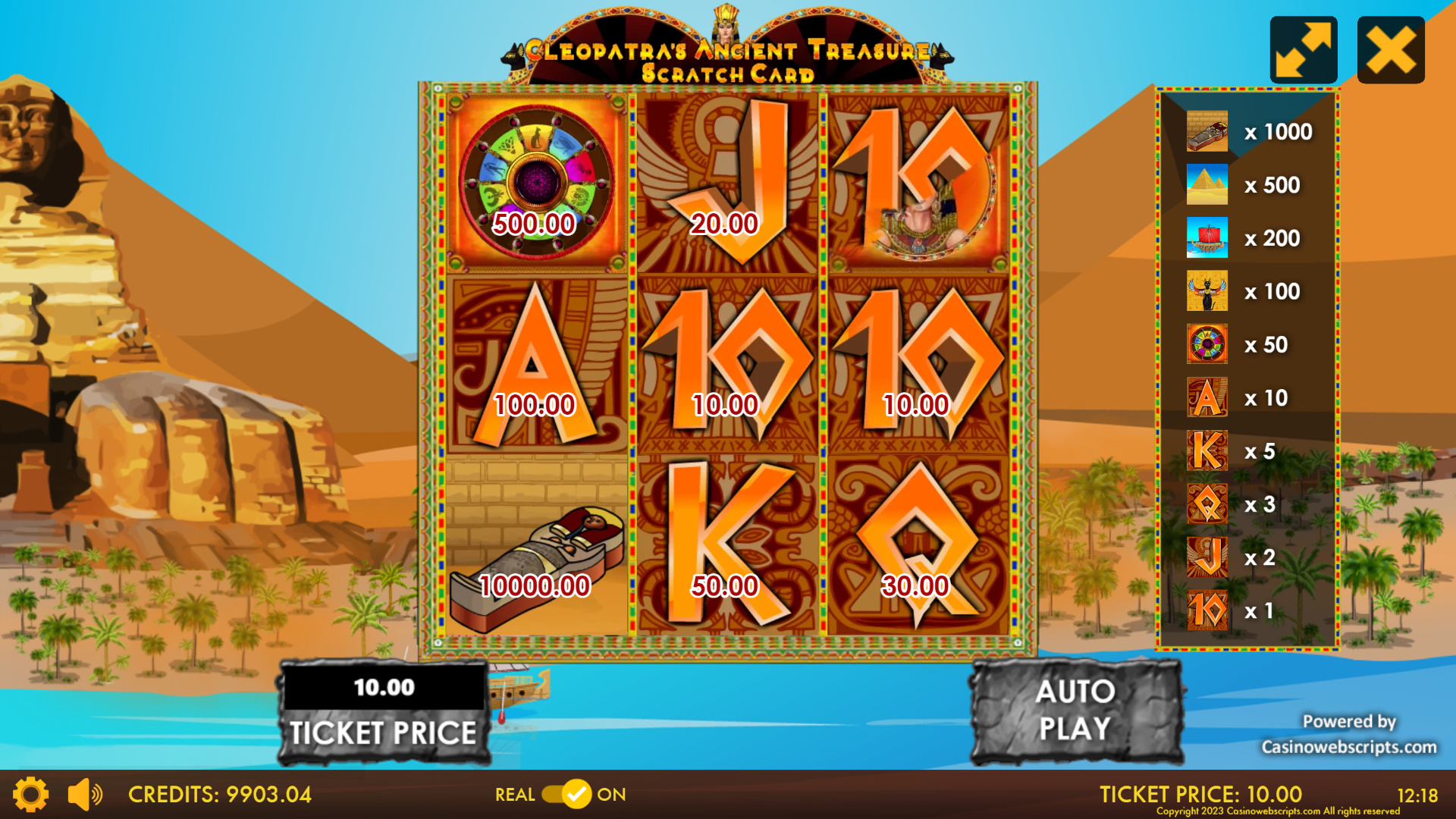 Cleopatra Ancient Treasures Scratch Card - Preview