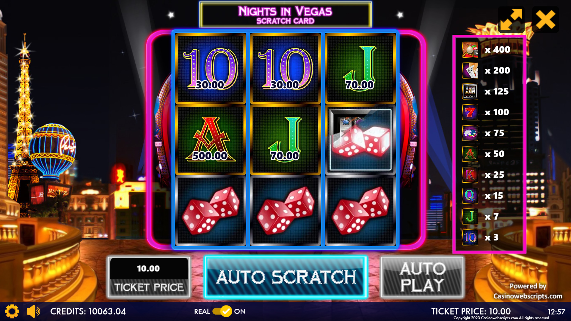 Nights in Vegas Jackpot Scratch Card - Preview