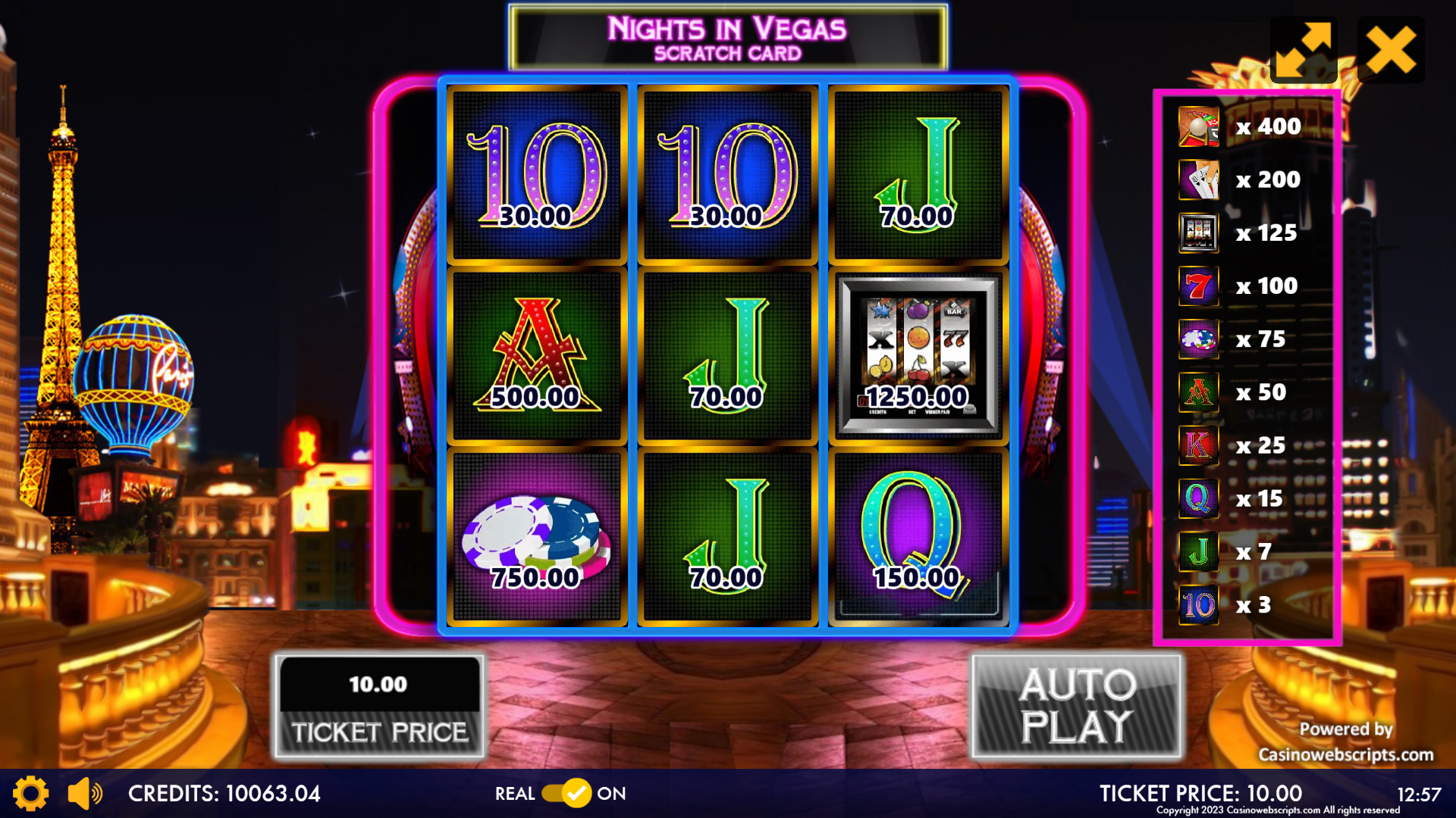 Nights in Vegas Jackpot Scratch Card - Preview