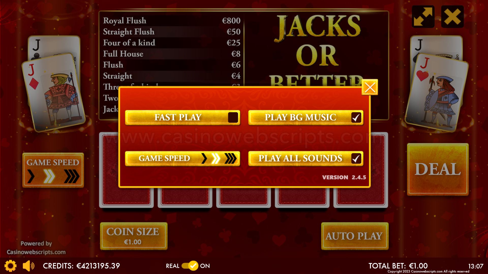 Jacks Or Better Deluxe Video Poker HTML5 Mobile and PC - Preview