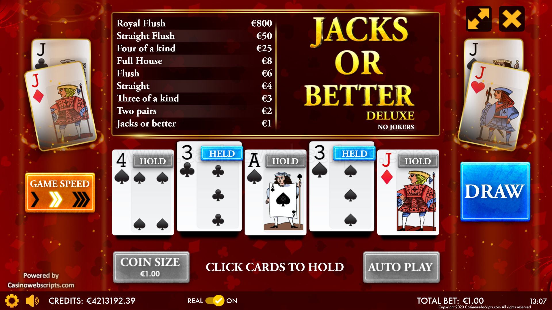Jacks Or Better Deluxe Video Poker HTML5 Mobile and PC - Preview