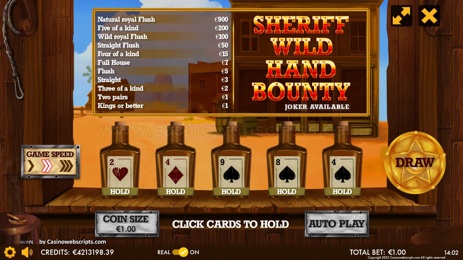 Sheriff Wild Hand Video Poker main screen